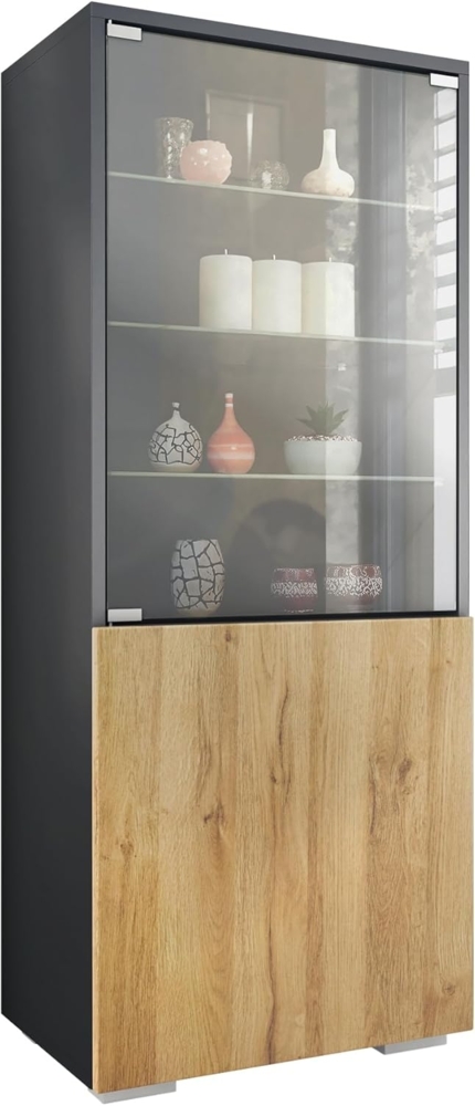 Vladon Standvitrine Granada (Vitrinenschrank, mit Glastür und Glaseinsatz) Anthrazit matt/Eiche Natur (50 x 122,5 x 34,5 cm) Bild 1