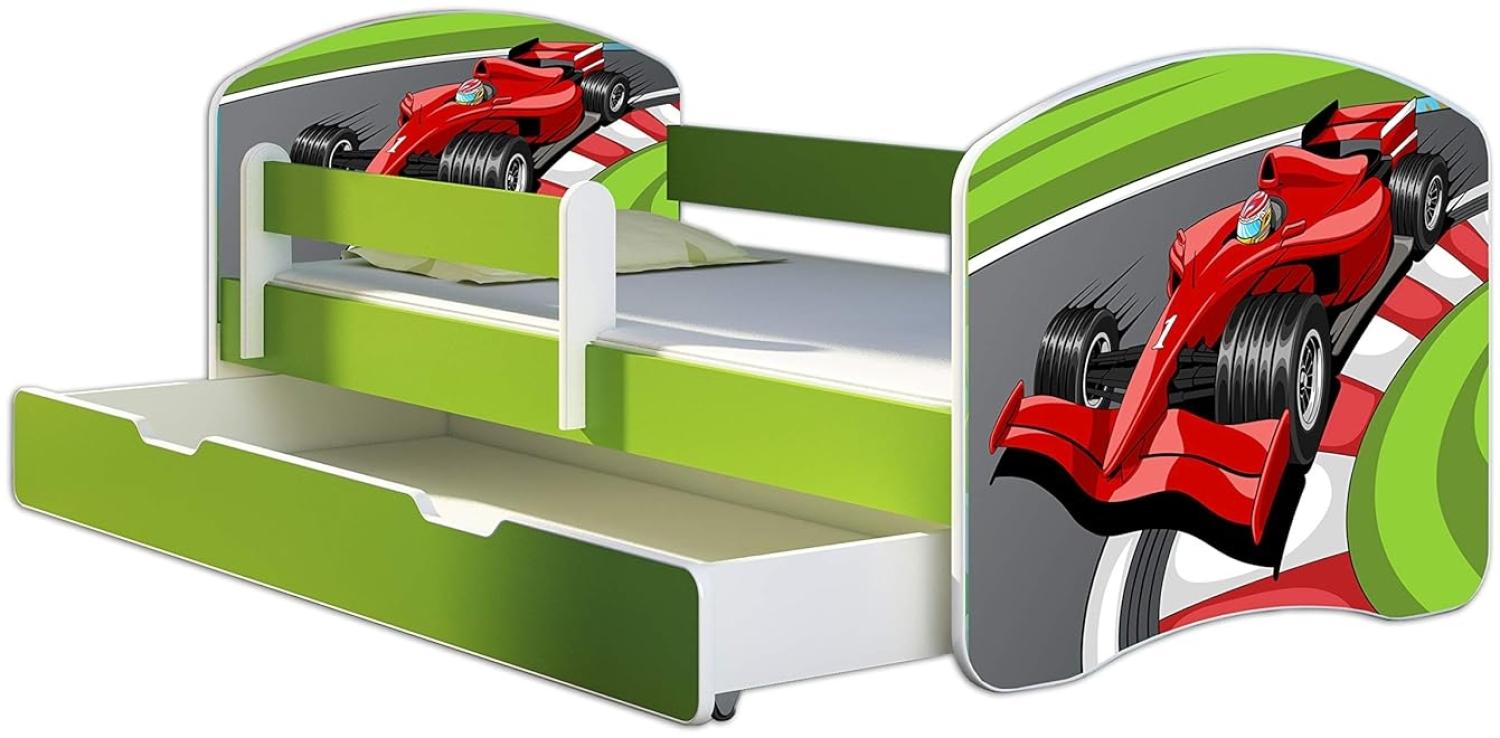 ACMA Kinderbett Jugendbett mit Einer Schublade und Matratze Grün mit Rausfallschutz Lattenrost II 140x70 160x80 180x80 (06 Formel 1, 180x80 + Bettkasten) Bild 1