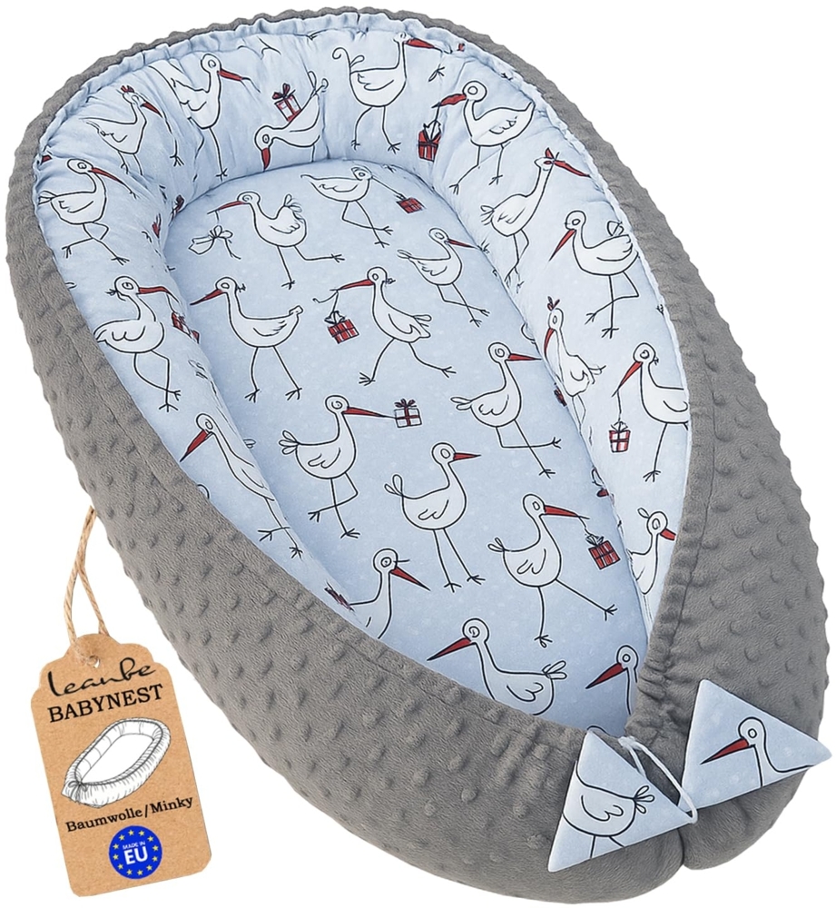 Leanbe Babynest 90x50 cm – Babynestchen für Neugeborene, Nestchen Baby aus Baumwolle & Polyester, Bettnestchen für Winter/Herbst, Baby Nest Set für Indoor & Outdoor (MINKY GRAU - STÖRCHE) Bild 1