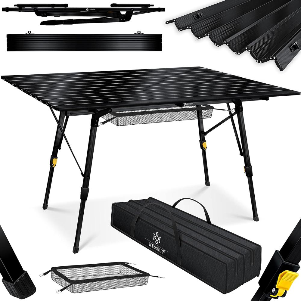 KESSER® Campingtisch faltbar Klapptisch Camping Tisch mit Aluminiumrahmen Aufrollbare Tischplatte Falttisch klappbar mit Höhenverstellung inkl. Tragetasche mit Trageband 90x53 cm - bis 30 kg Schwarz (120x70 cm) Bild 1