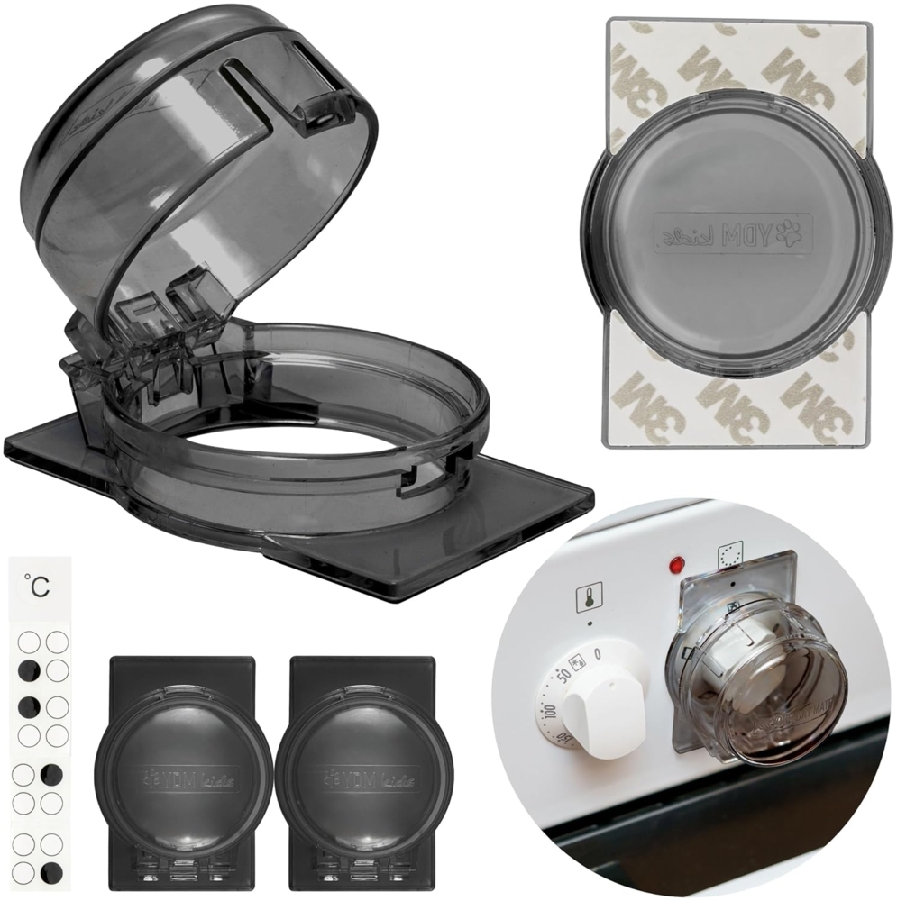 Herdknopf Kindersicherung, 3 Pack, Montage ohne Knopf Demontage, für max. Ø 4,9 cm und 4 cm hohe Herdknöpfe Schutz mit min. 6,1 cm Abstand Mitte-Mitte, Transparent-Schwarz, Herdschutz Baby Sicherung Bild 1