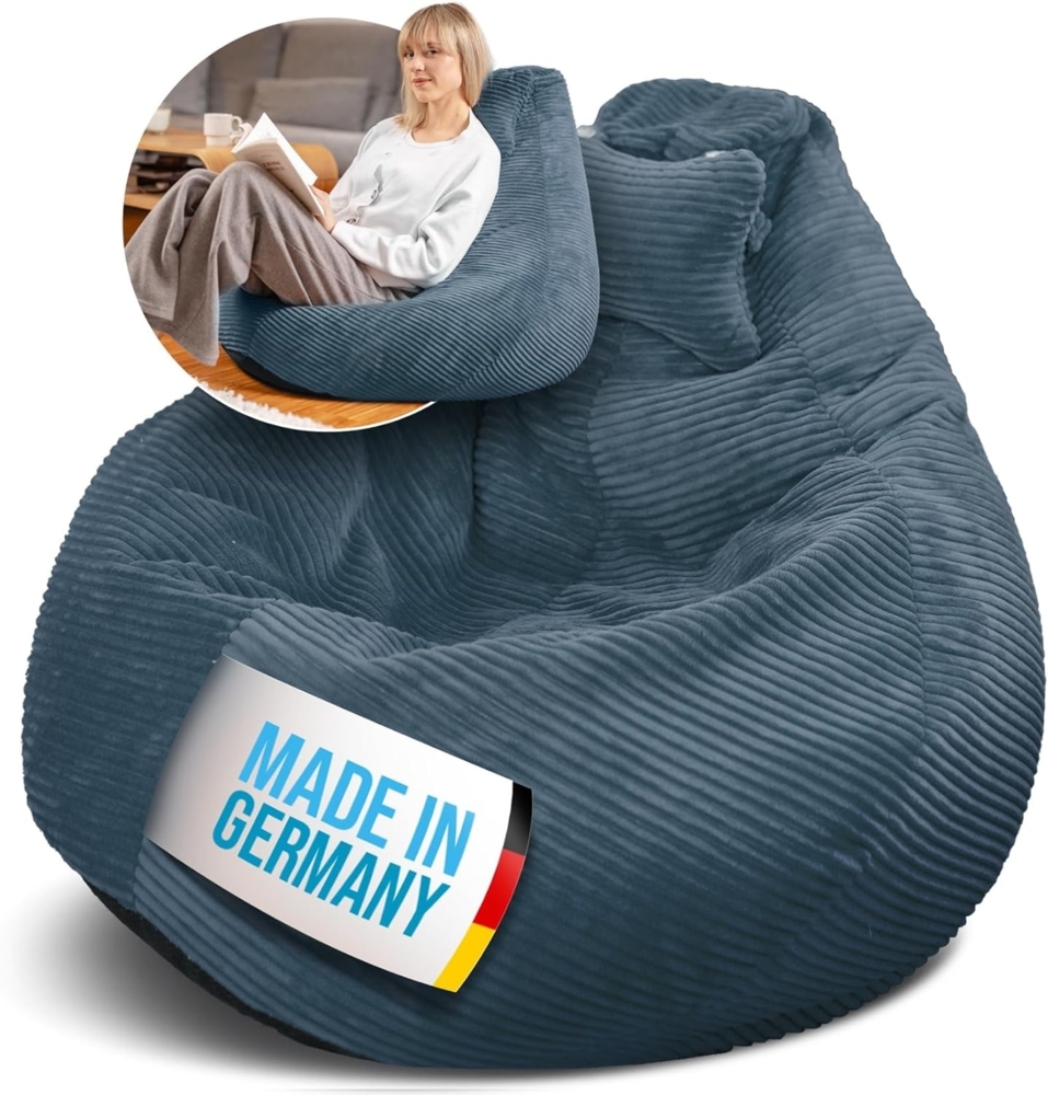 LazyCloud Sitzsack für Erwachsene mit integrierter [Nackenstütze] Cord | XXL Indoor Bean Bag mit Füllung | perfekt als Chill-, Lese- oder Gaming Sessel (90 x 80 x 70 cm) (Navyblue) Bild 1