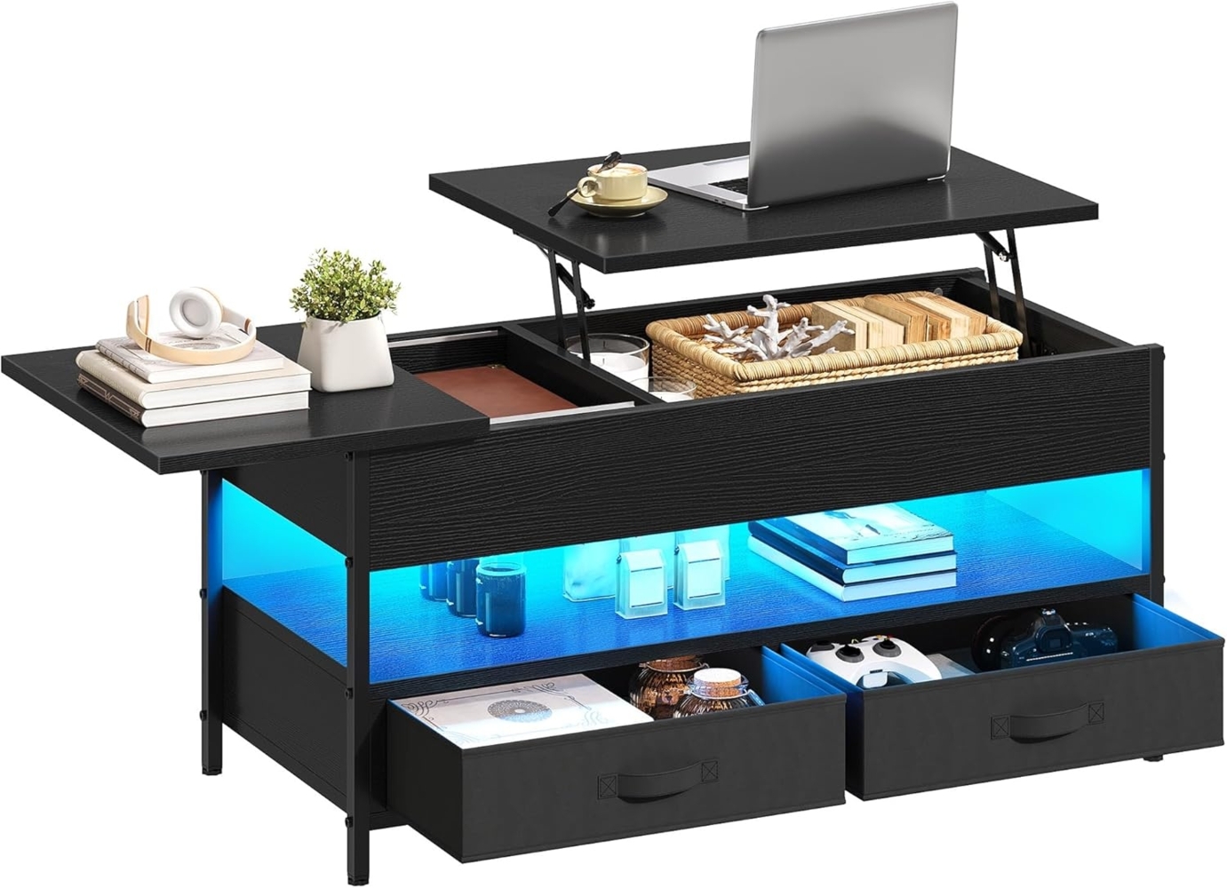 YITAHOME Couchtisch Höhenverstellbar, Wohnzimmertisch mit Verstecktem Ablagefach für für Wohnzimmer, Büro, couchtisch mit stauraum und 2 Schublade und LED-Lichtleiste 106 x 50 x 51,5 cm Bild 1
