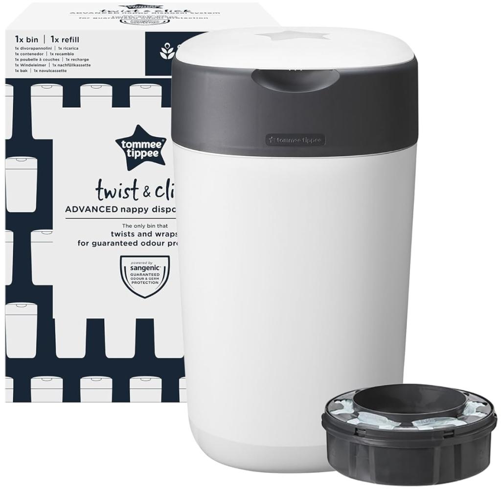 Tommee Tippee Twist and Click Advanced Windeleimer, inkl. 1x Nachfüllkassette mit nachhaltig gewonnener, antibakterieller Greenfilm-Folie, weiß, 2 Stück (1er Pack) Bild 1