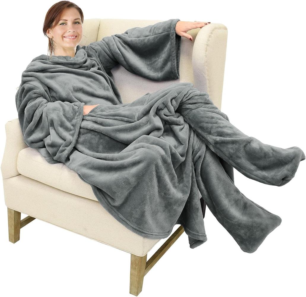 Catalonia Classy Tragbare Kuscheldecke mit Ärmeln und Fußtasche, warmes Geschenk für Sofa-Liebhaber, weiche Fleece-Decken für Familie, gemütliche Decken für Winter, 190 x 135 cm Grau Bild 1