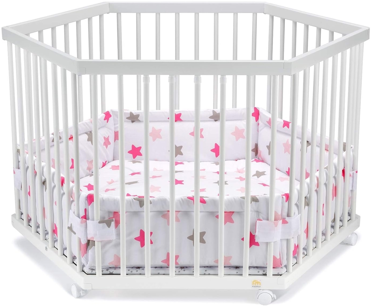 FabiMax Baby Laufgitter 6-eck Weiß lackiert, stufenlos höhenverstellbar, mit Schlupfsprossen, Laufstall aus massivem Buchenholz (Rosa Sterne) Bild 1
