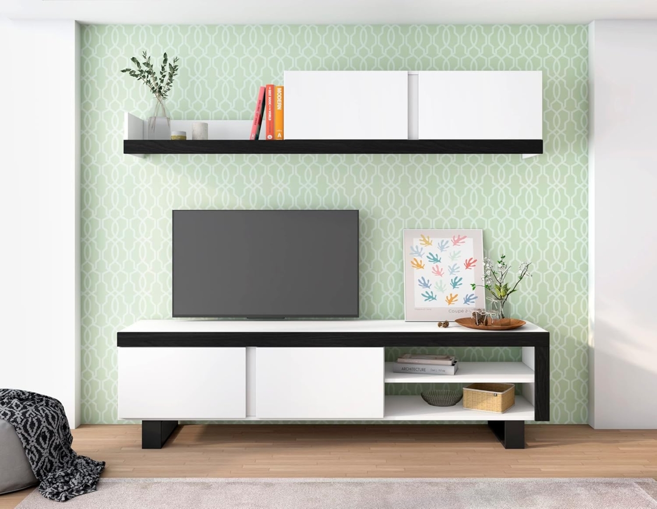 Skraut Home - Wohnzimmer IDEM – Möbel-Set – Wandeinheit – TV-Lowboard – Esszimmer, Wohnzimmer, Farbe Weiß/Schwarz – Aufbewahrungsschrank moderner Stil, 200 x 180 x 40 cm Bild 1