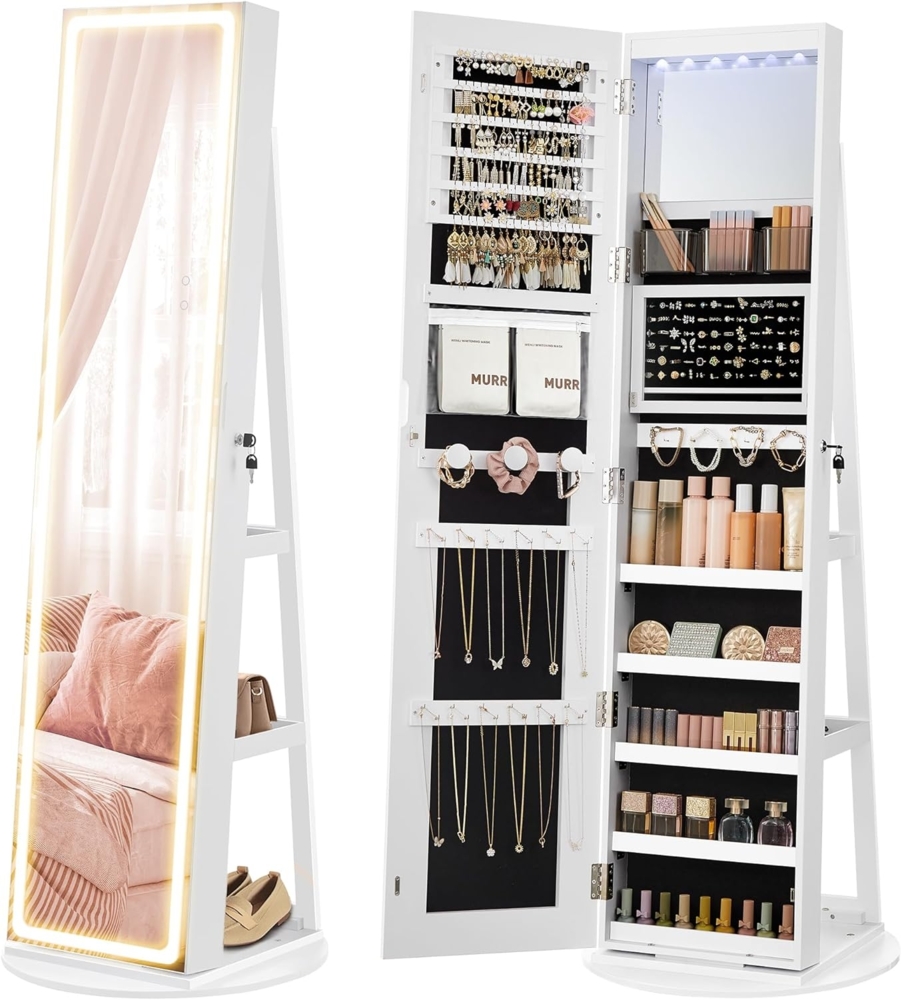 SONGMICS Schmuckschrank mit LED-Beleuchtung und Spiegel, Spiegelschrank, abschließbar, Spiegel mit Rahmen, einstellbare Helligkeit, platzsparend, Geschenkidee, wolkenweiß JJC008W03 Bild 1