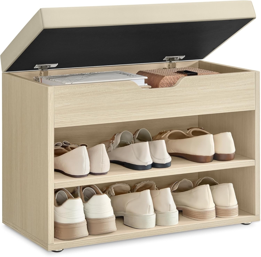 VASAGLE Schuhbank, Sitzbank, Schuhregal mit gepolstertem Kissen, Schuhorganizer mit 3 Ebenen, 30 x 60 x 44 cm, für Flur, Wohnzimmer und Schlafzimmer, naturbeige LHS020K01 Bild 1