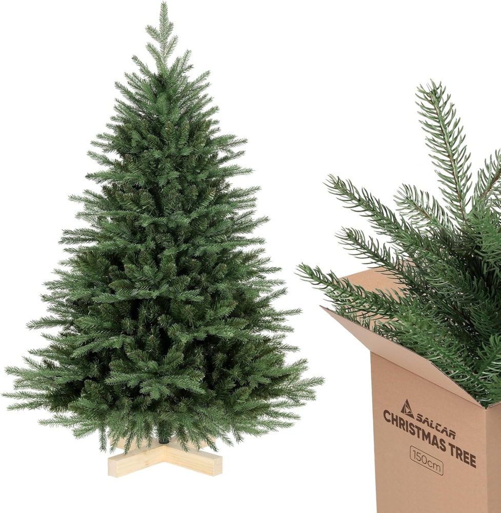 Salcar Künstlicher Weihnachtsbaum Weihnachtsbaum Künstlich Tannenbaum Christbaum mit Holzständer PE PVC, Nordmanntanne, 150 cm mit 980 PE-Zweigen und 544 PVC-Zweigen Bild 1