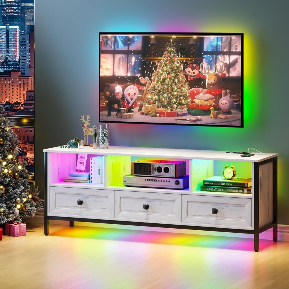 Lvifur LED TV Cabinet für 70 Zoll Fernseher, 24 Dimmbar TV Schrank mit Ladestation, Fernsehschrank mit 3 Schubladen Automatischer Sensorbeleuchtung Möbel Wohnzimmer 150 × 40 × 56 cm Bild 1