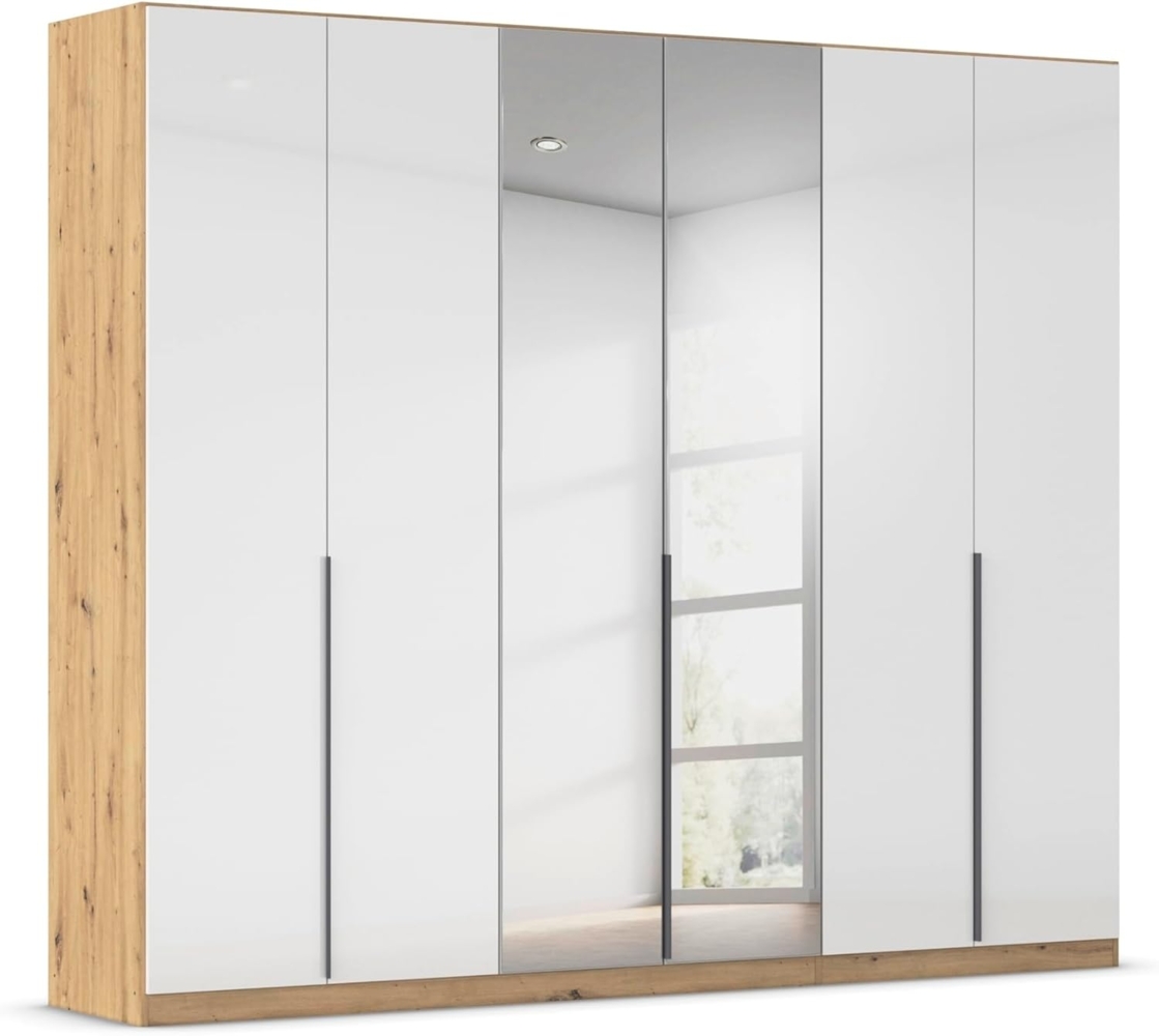 Rauch Möbel Alabama, Kleiderschrank, 6-türig, Spiegel, Zubehör Premium, 3 Kleiderstangen, 9 Einlegeböden, Schubladeneinsatz, Farbe Hochglanz Weiß/Eiche Artisan, Griff Grau metallic, 271 x 229 x 54 cm Bild 1