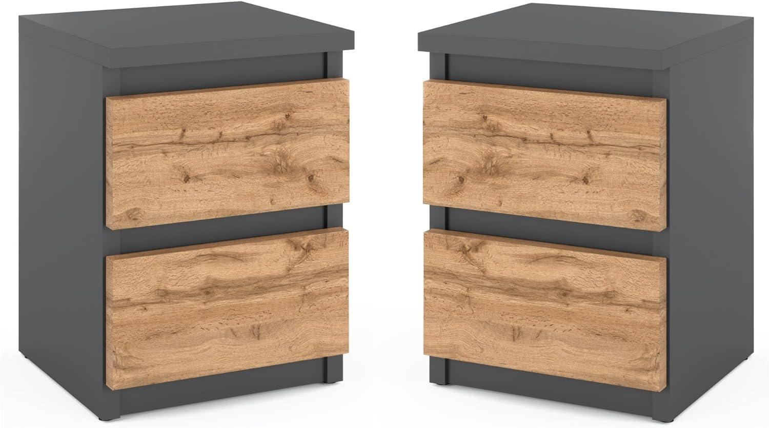 MRBLS Nachttisch 2er Set Nachtschrank Nachtkommode Modern Möbel mit Schubladen Kommode Holz Schubladenschrank für Ihr Schlafzimmer (Grau Matt - Wotan) – 32,5 x 43 x 30 cm (B/H/T) Bild 1