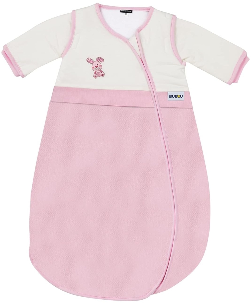 Gesslein 772168 Bubou Babyschlafsack mit abnehmbaren Ärmeln: Temperaturregulierender Ganzjahresschlafsack für Baby/Kinder Größe 90 cm, rosa mit Häschen Bild 1