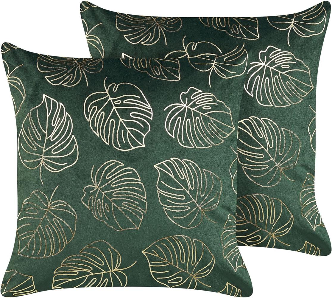 Kissen 2er Set MONSTERA Samtstoff 45 x 45 cm Pflanzenmuster Dunkelgrün Bild 1