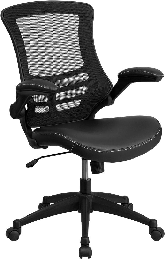 Flash Furniture Bürostuhl mit mittelhoher Rückenlehne – Ergonomischer Schreibtischstuhl mit hochklappbaren Armlehnen und LeatherSoft-Material – Perfekt für Home Office oder Büro – Schwarz Bild 1