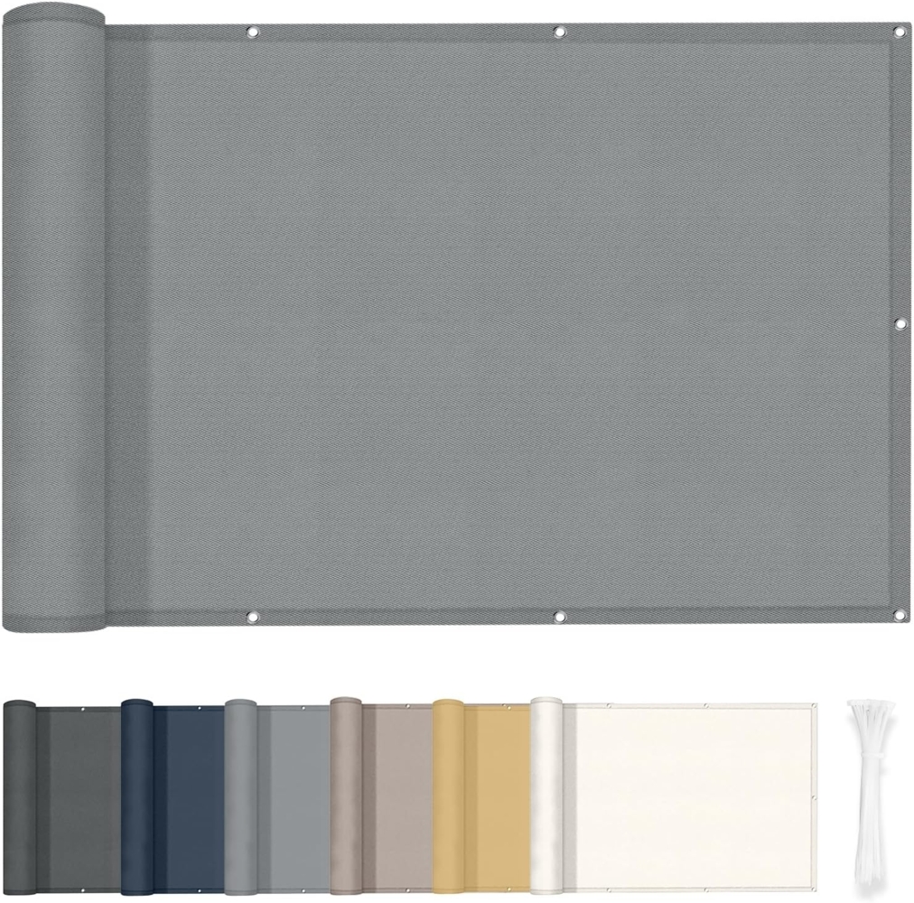HENG FENG Balkon Sichtschutz 90x600 cm,160g/㎡ PES UV-Schutz Balkonverkleidung, Balkonabdeckung Wetterfest, mit Kabelbindern, Hellgrau Bild 1