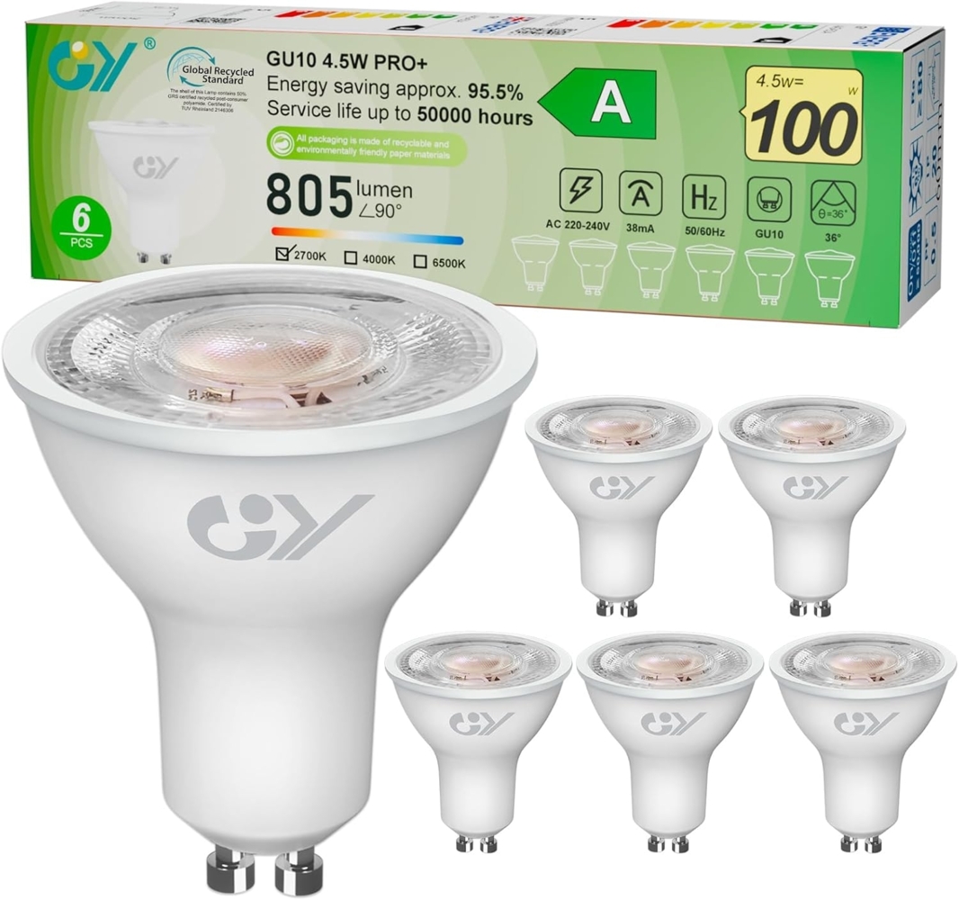GY GU10 LED Warmweiss Lampe,4,5W 2700K 805 Lumen Warmweiß Glühbirnen,Ersetzt 100W Leuchtmittel,36° Abstrahlwinkel Spot Strahler,Enegiesparende GU10 Nicht Dimmbar Reflektor Lampen,6 stück Bild 1