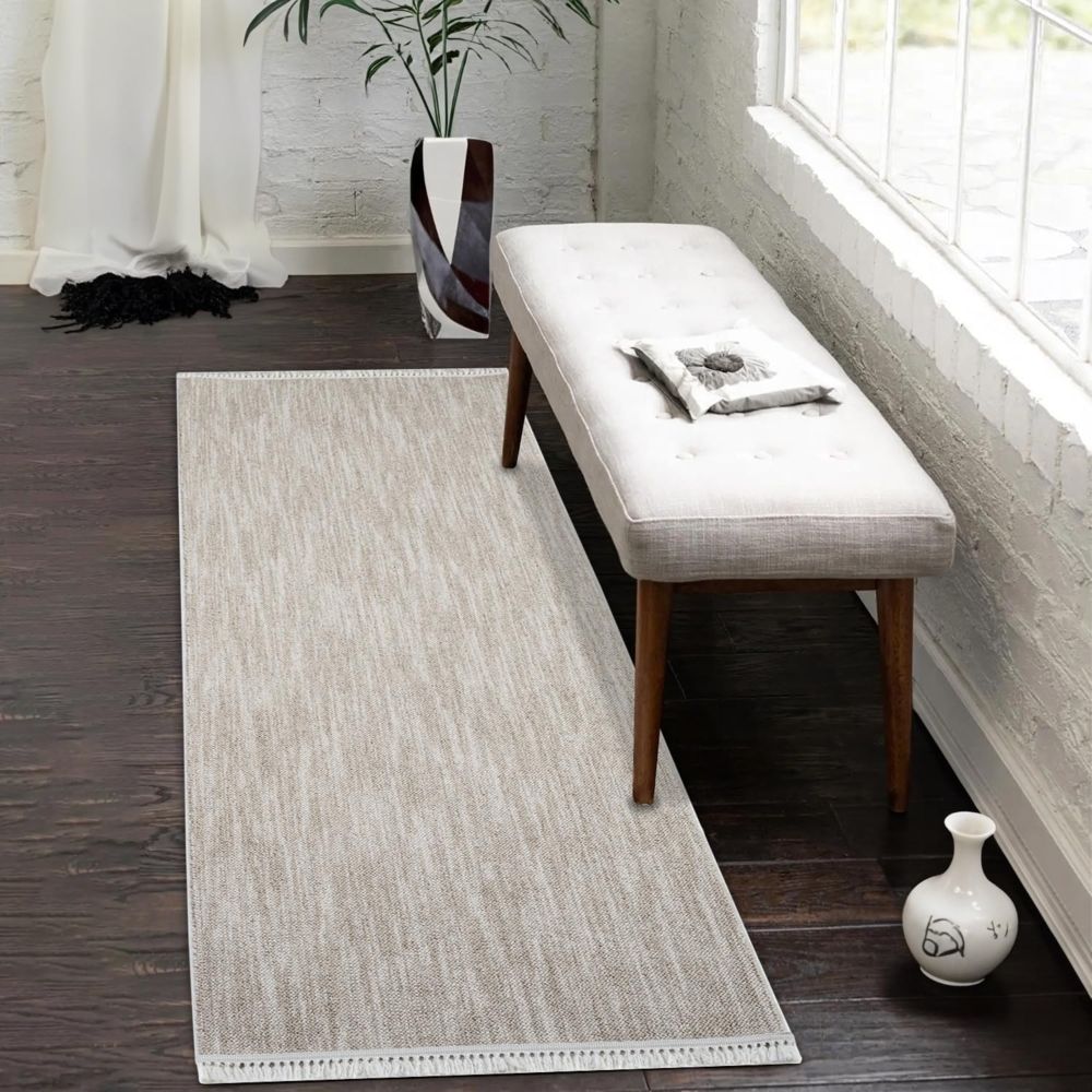 Teppich Läufer Flur - 80x300 cm - Meliert Beige - Fransen Loop Optik Boho Meliert Modern Pastell Wohnteppich Schlafzimmer Teppiche Bild 1