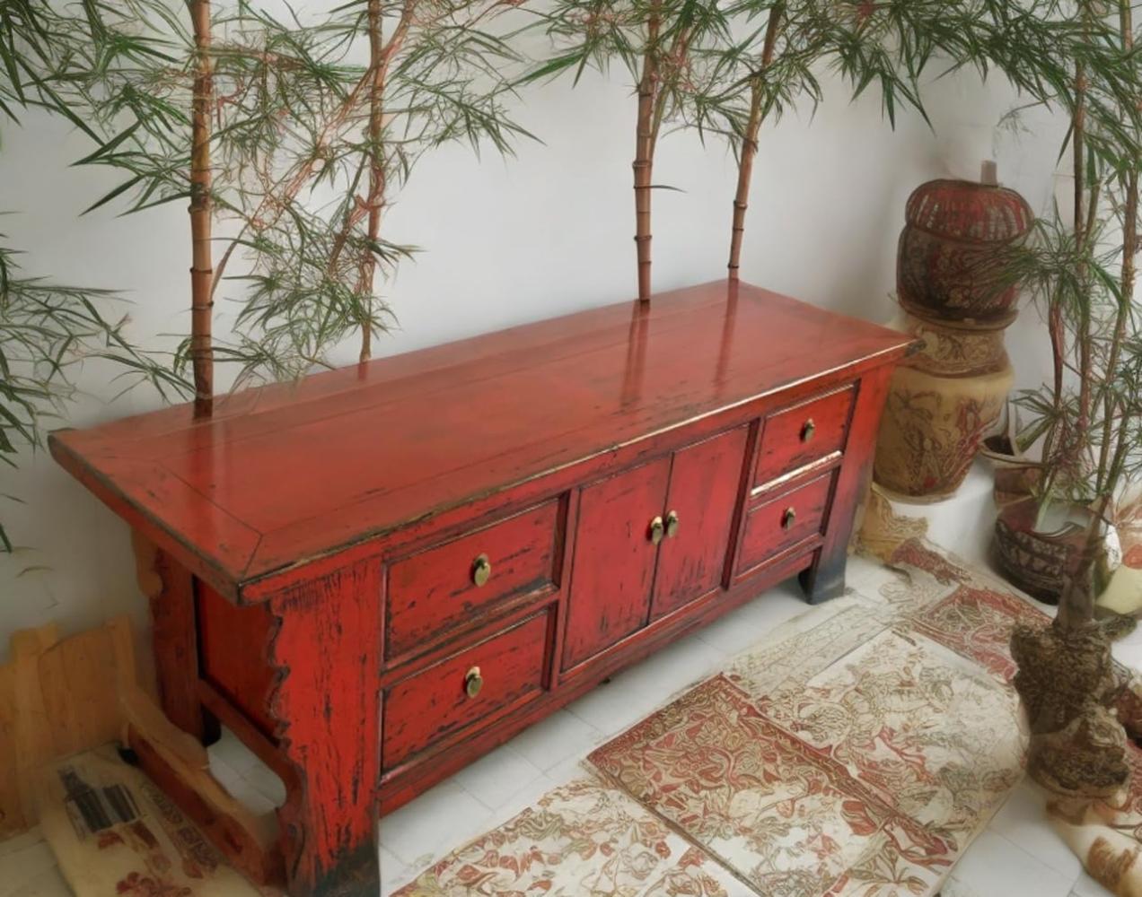 OPIUM OUTLET Chinesisches Lowboard Sideboard Kommode Büffet Anrichte rot China Shabby Chic Vintage Holz Bild 1