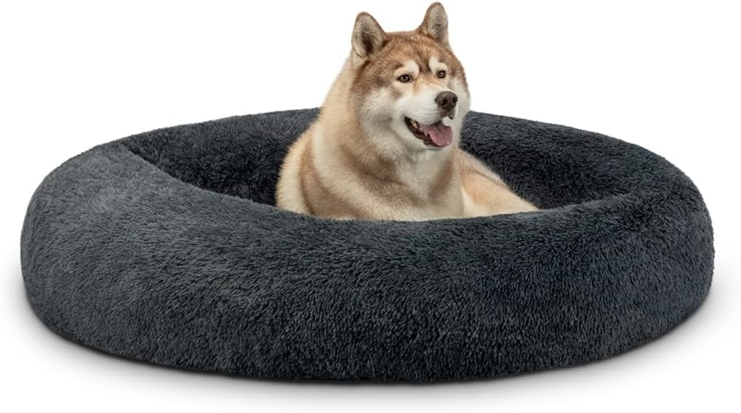 lionto Donutbett für Hunde und Katzen, Flauschiges Hundebett rund für kleine und große Heimtiere, Ø 120 cm, weiches Katzenbett aus kuscheligem Plüsch, Hundekissen mit extra Dicker Füllung, dunkelgrau Bild 1