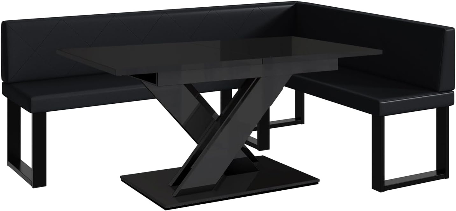MEBLINI Eckbank für Esszimmer mit ausziehbarem Tisch - Küchenbank - Essecke - Sitzecke Küche - ERIC - U-Beine 142x196x87cm Rechts - Schwarz Kunstleder/B Schwarz Hochgl. Bild 1