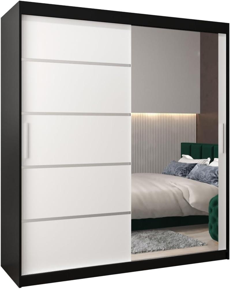 Schwebetürenschrank Verona 2-180 cm mit Spiegel Kleiderschrank mit Kleiderstange und Einlegeboden Schlafzimmer- Wohnzimmerschrank Schiebetüren Modern Design (Schwarz + Weiß) Bild 1