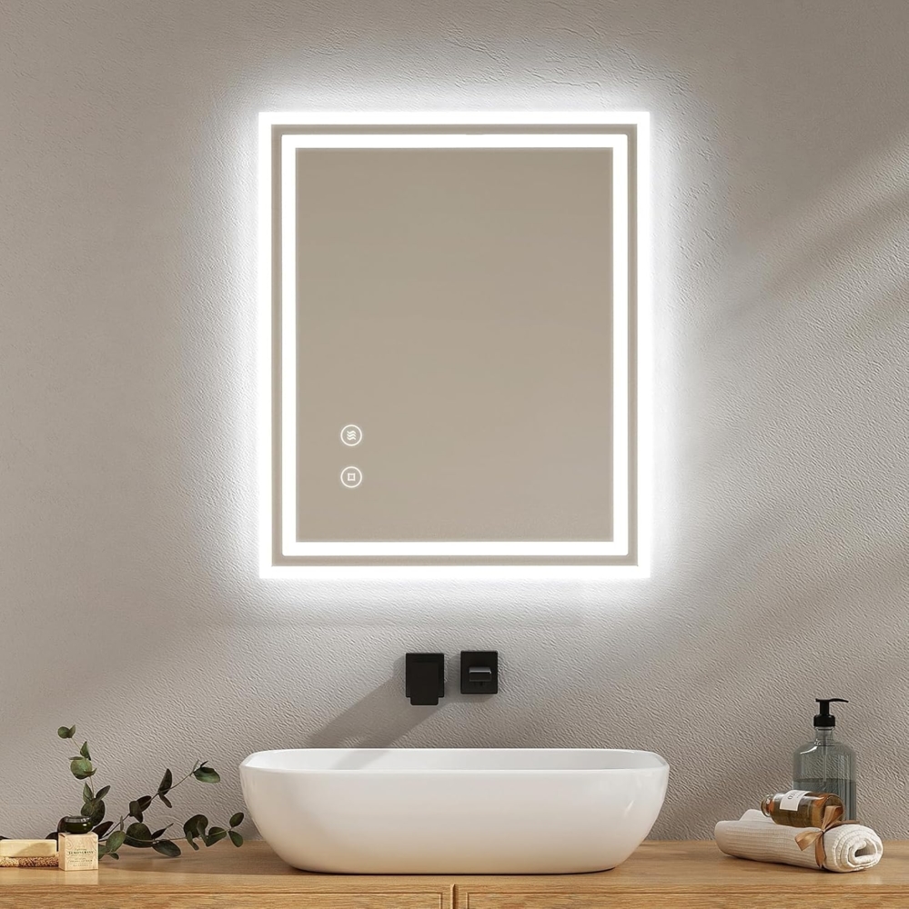 EMKE Badezimmerspiegel mit Beleuchtung, 60x50 cm, beschlagfrei, Touch-Schalter, Badezimmerspiegel, kaltweiß, dimmbar, Memory-Funktion, automatische Abschaltung nach 3 Stunden, LED-Spiegel Bild 1