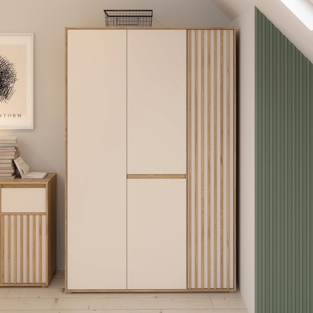 Forte ELISTON Kleiderschrank 120 130, moderner Kleiderschrank mit Lamellendesign, 3-türig, Schlafzimmer, Mauvella Eiche Holzdekor|Kashmir Beige, 128,7 cm breit x 200,1 cm hoch x 54 cm tief Bild 1