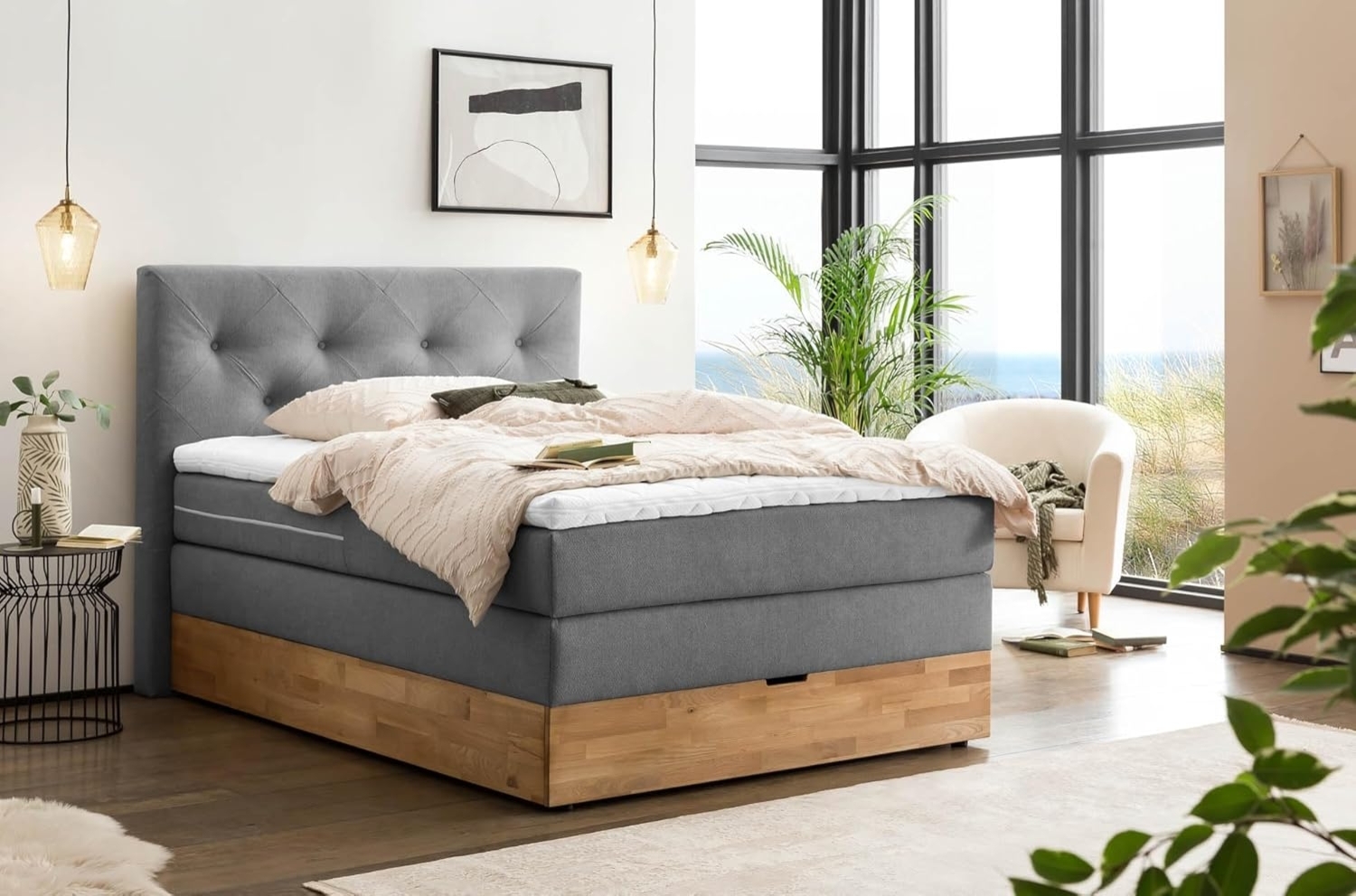 Belanoti Boxspringbett Marbo (Boxspringbett 140x200 mit Bettkasten, 7-Zonen Taschenfederkern Matratze inklusive Visco Topper), Bett 140x200 Eiche in der Farbe Anthrazit H2/H3 Polsterbett Bild 1