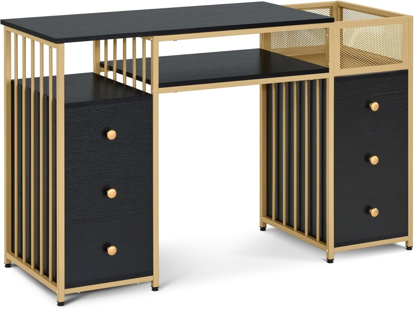 M MCombo Schreibtisch mit 6 Schubladen, Nageltisch aus Holz Metallgestell, Manikürtisch Schwarz-Gold, Schminktisch ohne Spiegel Modern, Computertisch mit Ablagen Wohnzimmer, 46x125x81cm, 2425 Bild 1