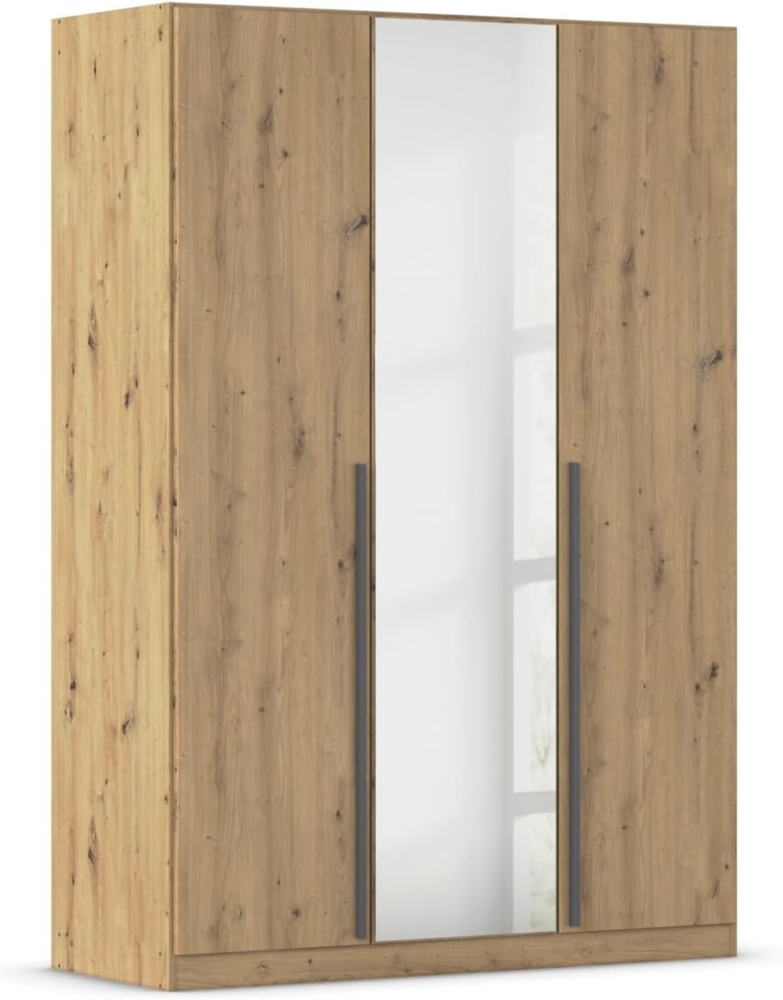 rauch Kleiderschrank Alba, Drehtürenschrank, Garderobenschrank, 3-türig, mit Spiegel, mit 2 Kleiderstangen, 2 Einlegeböden und Schubladeneinsatz, Farbe Eiche Artisan, Holz, Griffstange Grau metallic, Schwarz, 136x197x54cm Bild 1