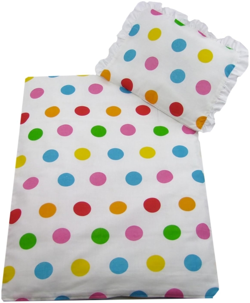 2 tlg. Set Bezug in 70x50 cm für Kinderwagen, Wiege und Stubenwagen Kinderbettwäsche Garnitur Bettwäsche *Deckenbezug + Kissenbezug* (weiß bunte Punkte) Bild 1