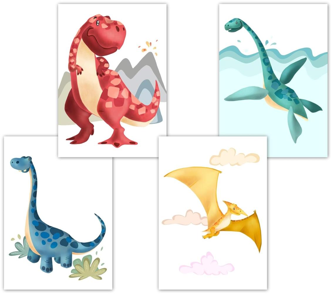 Dino Poster Kinderzimmer, Deko für Babyzimmer, Kinderposter Set, Babyposter, DIN A4 ohne Bilderrahmen, Tierbilder, Dinosaurier Wandbilder für Jungen und Mädchen (4er Set A) Bild 1