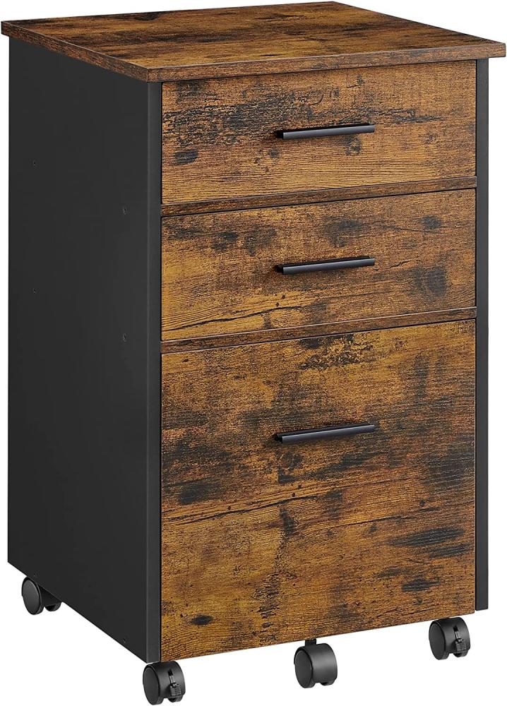 Vasagle Rollcontainer, Aktenschrank, Büroschrank mit 3 Schubladen: 2 aus Stoff, 1 Schublade aus Spanplatte, mit Rollen, Holz, Stoff, vintagebraun-schwarz, 43 x 42 x 67,5 cm Bild 1