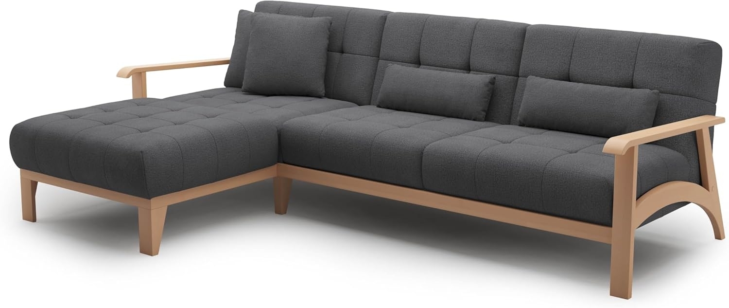 Cavadore Ecksofa Billan / Eckcouch im skandinavischen Design mit Longchair und massivem Holzgestell in Buche / 264 x 88 x 183 / Mehrfarbiger Strukturstoff, Dunkelgrau Bild 1