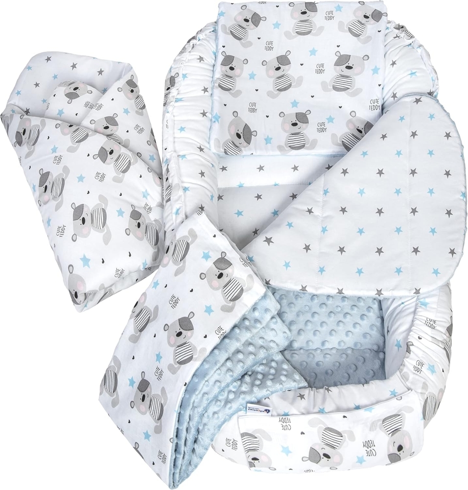 Medi Partners 5 teilig Babynestchen Set Babynest 90x50 herausnehmbarer Einsatz Bett Kuschelnest Krabbeldecke Babys Neugeborene 100% Baumwolle (Teddybär mit Hellblauen Minky) Bild 1