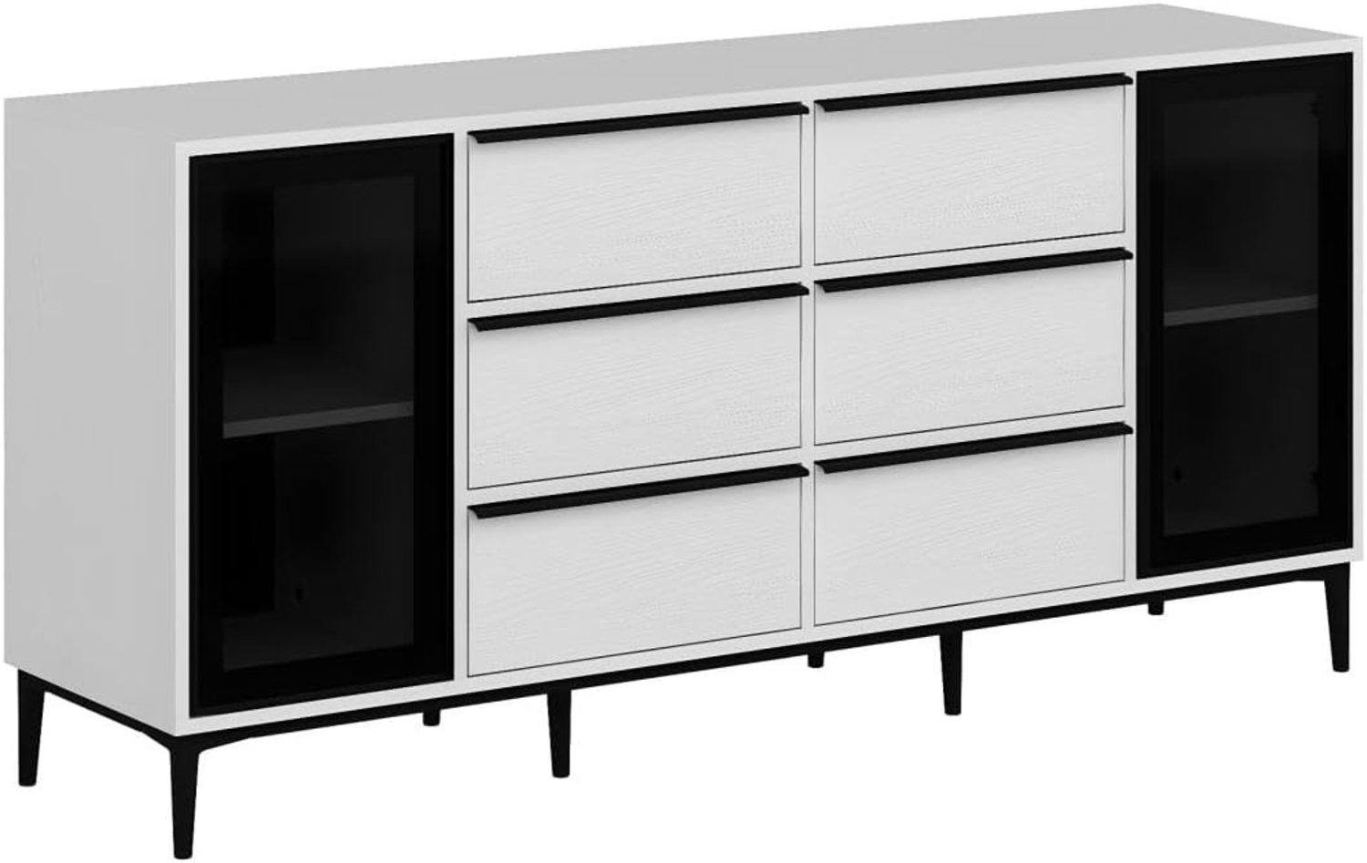 Vente-unique - Sideboard mit 2 Türen aus Sicherheitsglas & 6 Schubladen - Weiß & Schwarz - MOLINIA Bild 1