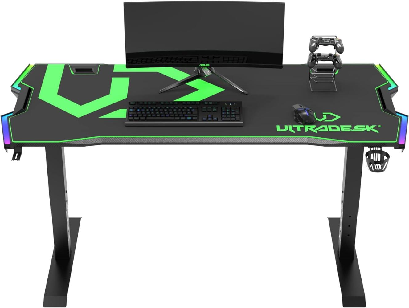 ULTRADESK Force | Ergonomischer Gaming-Schreibtisch mit großer Arbeitsfläche & XXL-Pad, 2 Kabeldurchlässe | Ablage für Powerstrips, LED-RGB-Prismenbeleuchtung | Stahlrahmen, Grünes Pad, 166x70 cm Bild 1