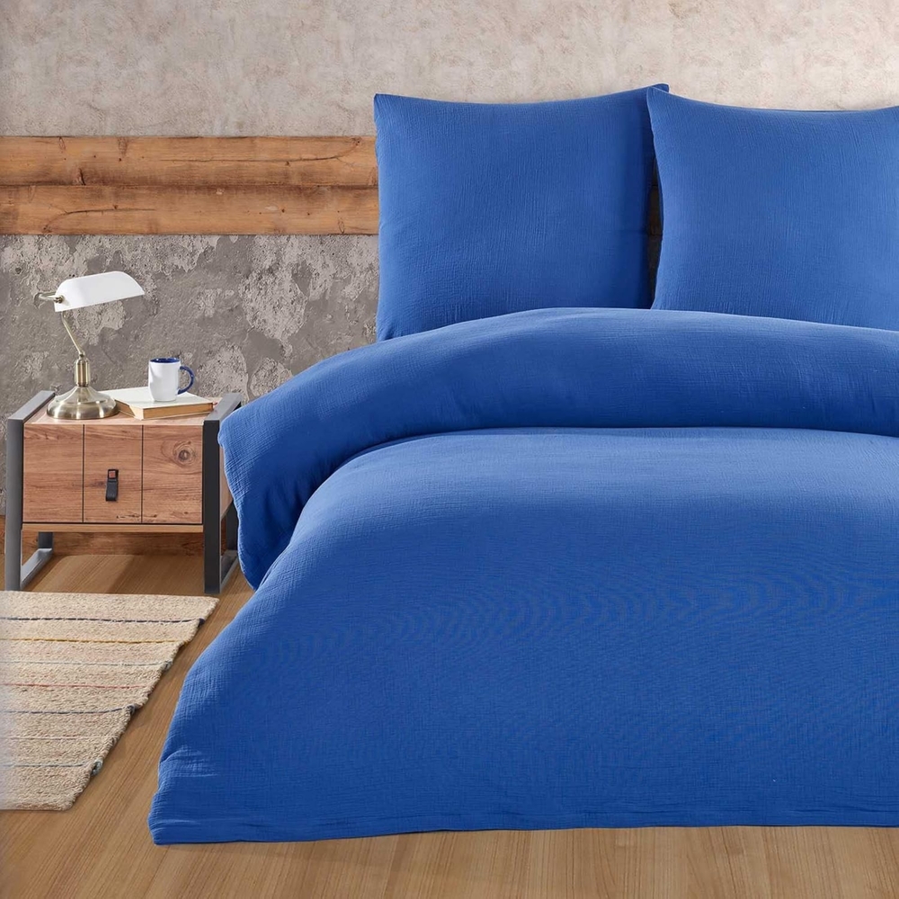 Buymax Bettwäsche Luxury, Musselin 100% Baumwolle, 3 teilig, 200x220 cm, Bettbezug Set, Uni einfarbig, mit Reißverschluss, Blau Bild 1