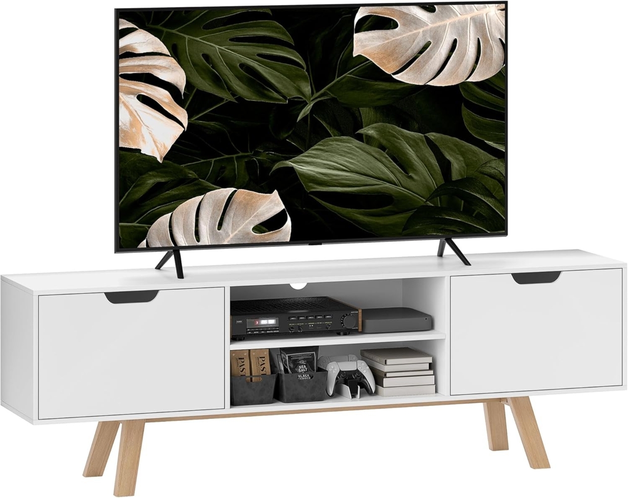 HOMCOM TV Schrank, TV-Kommode, Schrankelement mit Schubladen und Offene Regale, MDF, Weiß, 150 x 39 x 50 cm Bild 1