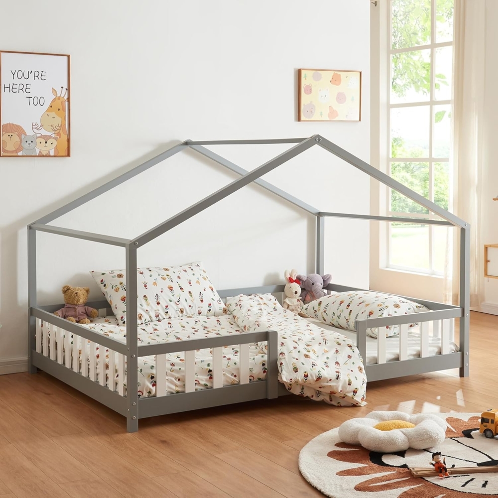 en.casa 'Treviolo' Hausbett 90x200 cm, grau/weiß, Kiefernholz, mit Lattenrost und Rausfallschutz Bild 1