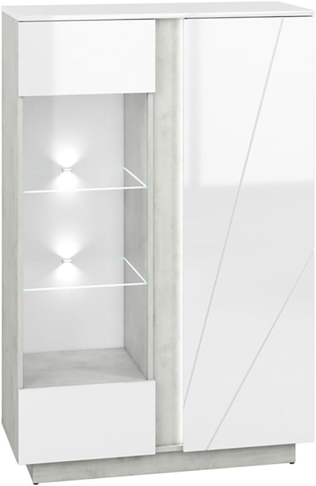 Vitrine Lumens Glasvitrine 92cm beton lichtgrau MDF weiß Hochglanz Bild 1