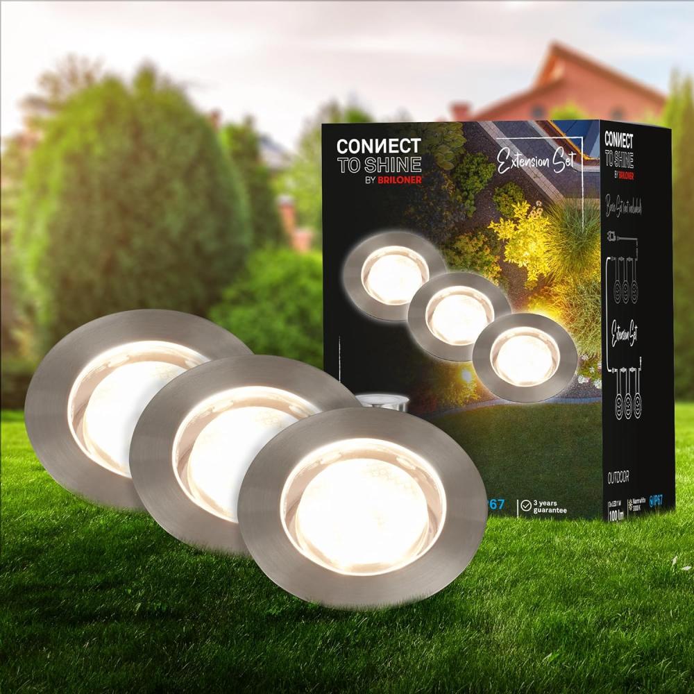 BRILONER - Connect to Shine 12V Gartensystem 3er Set LED Bodeneinbaustrahler, Erweiterungsset, IP67, warmweißes Licht, Gartenbeleuchtung, Bodeneinbauleuchten, 45x 25mm, Silberfarbig Bild 1