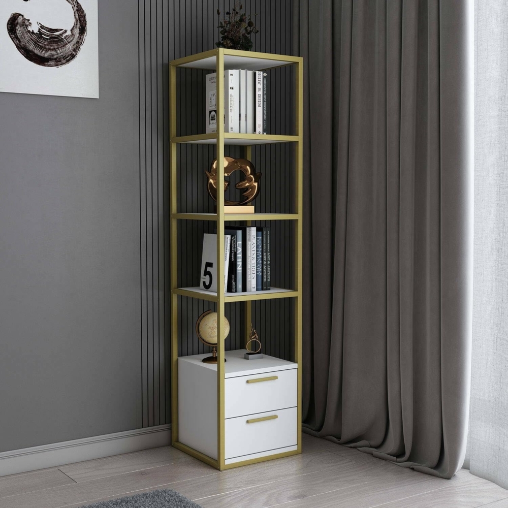 Dmora - Bücherregal Artemis, Büroregal, Mobiler Buchhalter, Bücherbrett, 39x39h169 cm, Gold und Weiß Bild 1