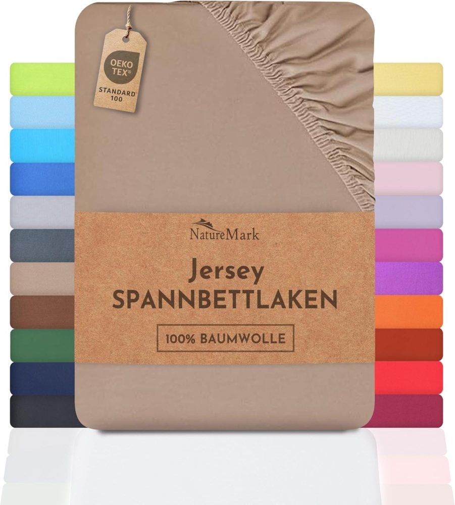 NatureMark Jersey Spannbettlaken, Spannbetttuch 100% Baumwolle in vielen Größen und Farben MARKENQUALITÄT ÖKOTEX Standard 100 | 200x220 cm +40 Steg - Sand/beige Bild 1