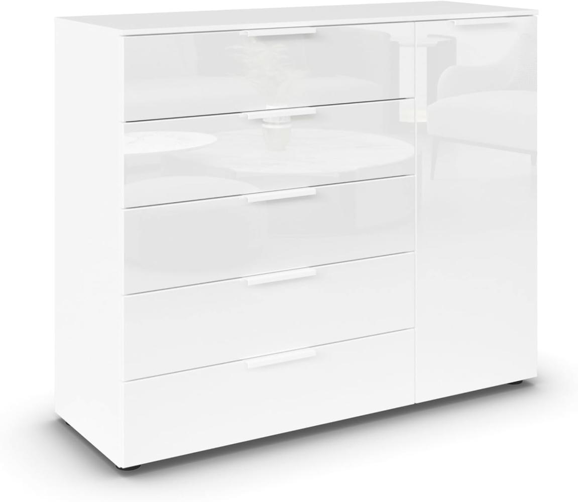 Rauch Möbel Flipp, Kombikommode, Kommode mit Stauraum für Wohnzimmer, Schlafzimmer, Flur, 2 Fachböden, Alpinweiß/Glasfront Weiß, 1-türig, 5 Schubkästen, Griffe weiß, 120 x 100 x 42 cm Bild 1