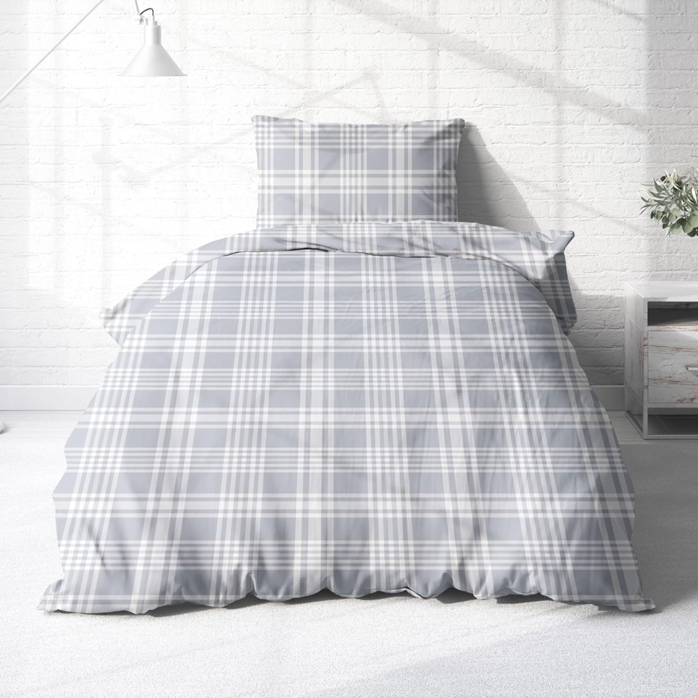 Träumschön Bettwäsche Biber 135x200 cm oder 155x220 cm, beige, grau oder blau kariert, Biber, 2 teilig, mit Reißverschluss, 100% Baumwolle, kuschelig warm im Winter Bild 1