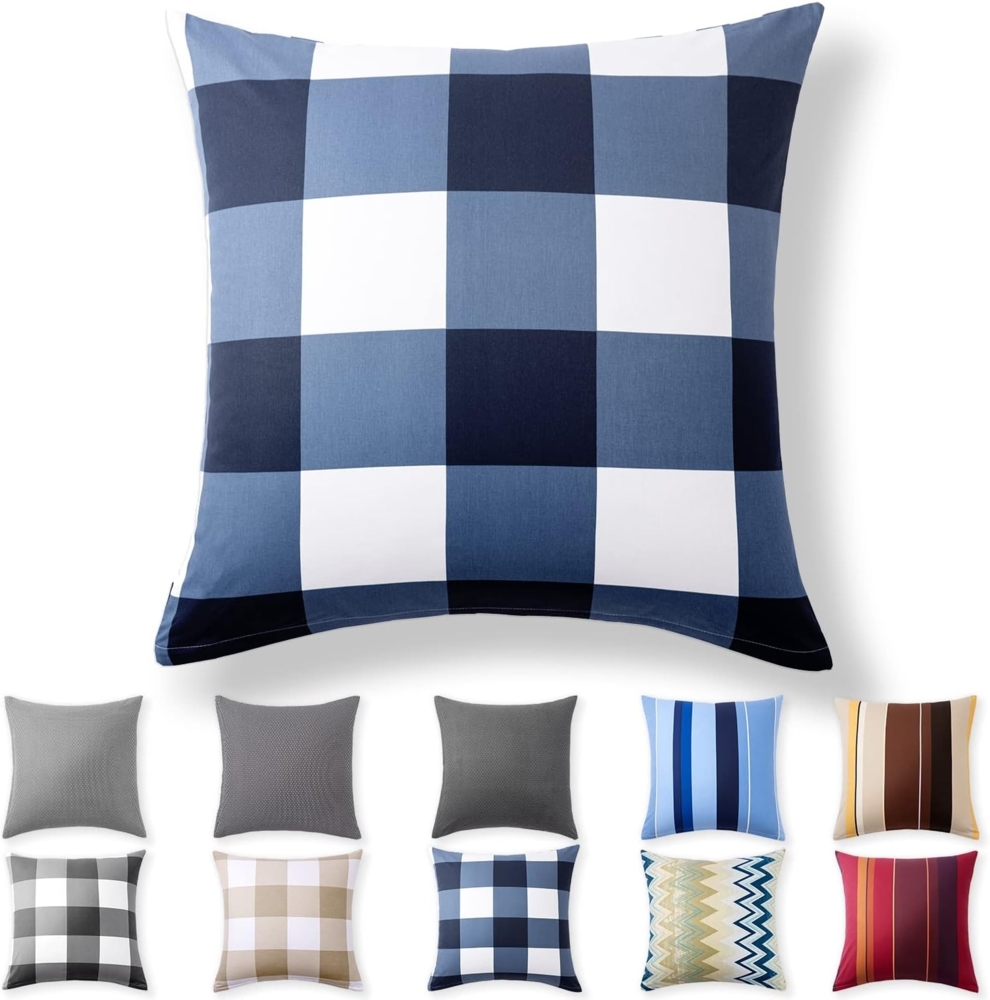 Alreya Renforcé Kissenbezug 60x60 cm - 100% Baumwolle mit YKK Reißverschluss, Superweicher Kopfkissenbezug 60x60, Kissenhülle, Blau Kariert, nur Kissenbezug Bild 1