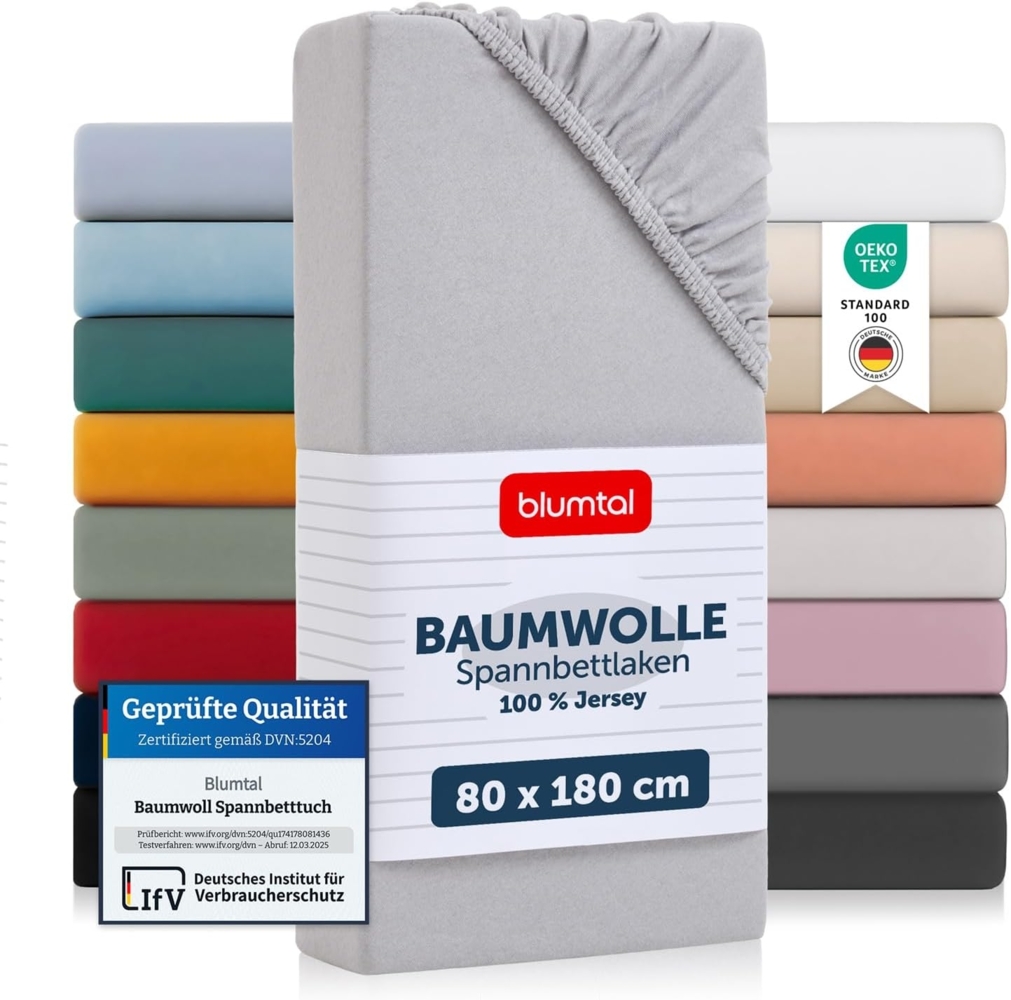 Blumtal® Baumwolle Spannbettlaken 80x160-180 cm Basics Jersey im 2er Set - Bettlaken 80x160 Kinder - OEKO-TEX zertifiziertes Spannbettlaken Beistellbett - Leintuch - Moonlight Grey - Grau Bild 1